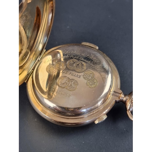 567 - A Le Phare Swiss yellow metal minute repeating annual date chronograph hunter pocket watch, stamped ... 