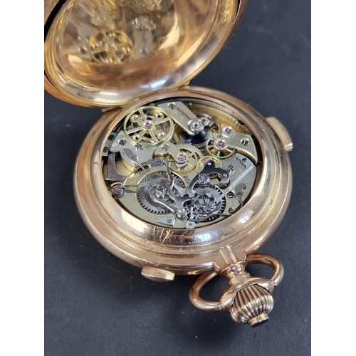 567 - A Le Phare Swiss yellow metal minute repeating annual date chronograph hunter pocket watch, stamped ... 