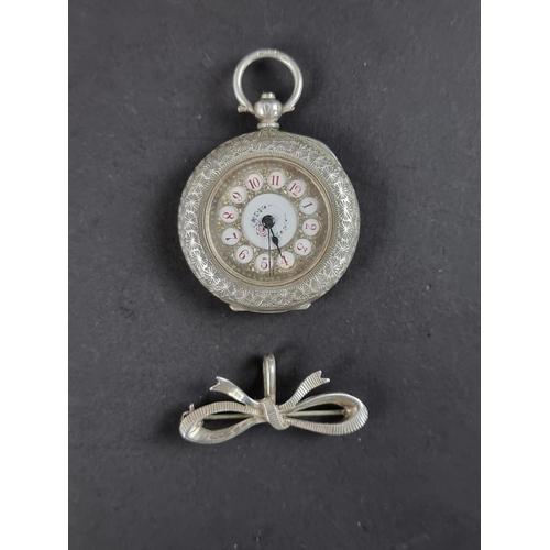 570 - An early 20th century white metal open face key wind fob watch, 36mm, stamped '.935' and with Swiss ... 