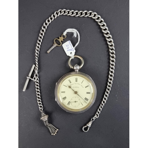 571 - An H Samuel silver key wind open face pocket watch, 55mm; together with a silver graduated curb link... 