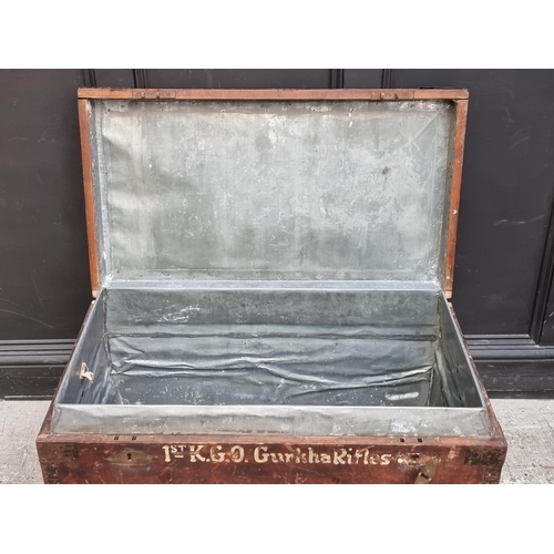 1015 - An early 20th century oak and metal bound chest, inscribed '1st K.G.O Gurkha Rifles', 91cm... 