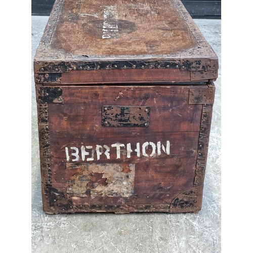 1015 - An early 20th century oak and metal bound chest, inscribed '1st K.G.O Gurkha Rifles', 91cm... 