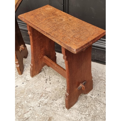 1024 - Two similar old boarded stools, one pine and one oak, former 45.5cm wide.