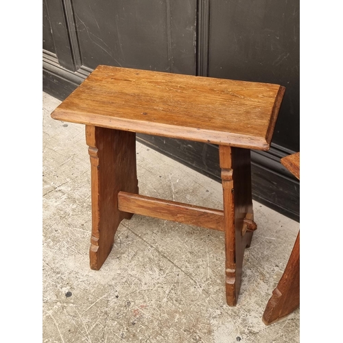 1024 - Two similar old boarded stools, one pine and one oak, former 45.5cm wide.