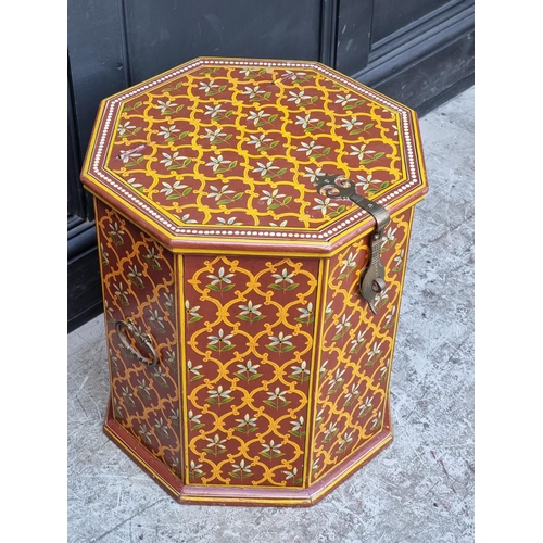 1034 - An Eastern polychrome painted hardwood octagonal chest, 42.5cm wide.