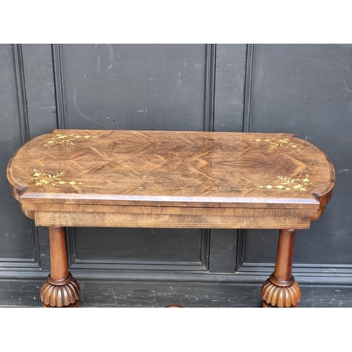 1045 - A Victorian rosewood and inlaid card table, 92cm wide.