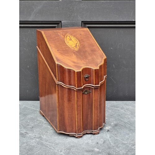 1066 - A George III mahogany and inlaid knife box, with void interior, 20.5cm wide.