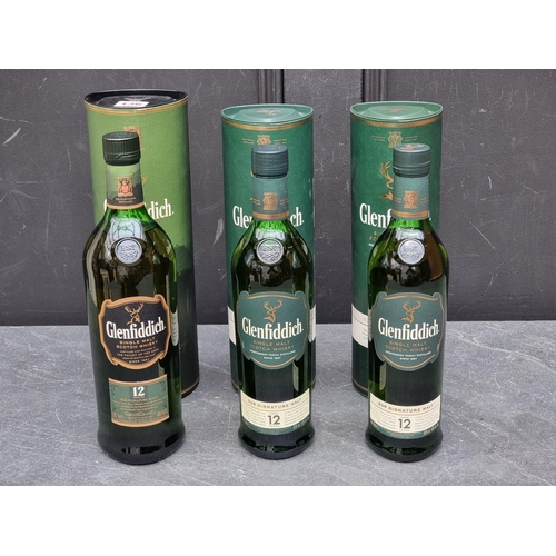 136 - Three bottles of Glenfiddich 12 year old Whisky, comprising: a 1 litre and two 70cl example, each in... 