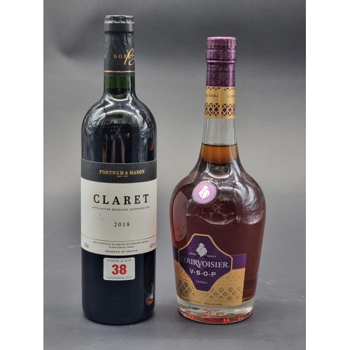 38 - A 70cl bottle of Courvoisier VSOP Cognac; together with a 75cl bottle of Claret, Fortnum & Mason... 