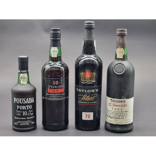 72 - Four bottles of Port, comprising: a 75cl Taylor's 'Select'; a 70cl Taylor's 10 Year Old; a 75cl St M... 