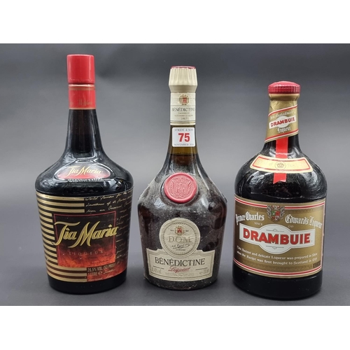 75 - Three bottles of Liqueur, comprising: a 1 litre Drambuie; a 70cl Benedictine; and a 1 litre Tia Mari... 