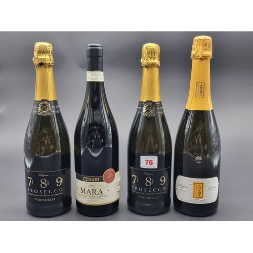 76 - Three 75cl bottles of Prosecco; together with another 75cl bottle of Valpolicella. (4)... 