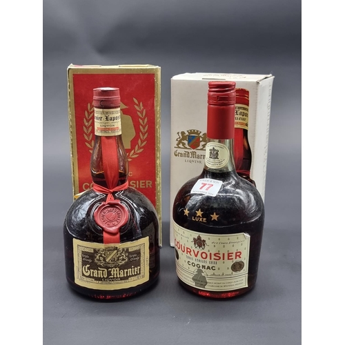 77 - An old bottle of Courvoisier Three Star Luxe Cognac, 1960s bottling; together with a 70cl bottle of ... 