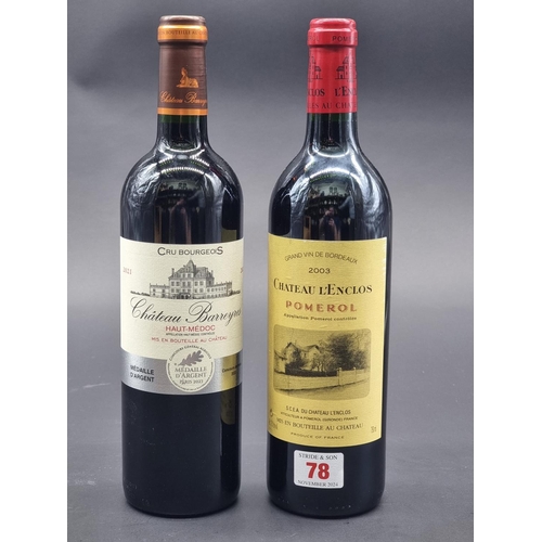 78 - A 75cl bottle of Chateau Barreyres, Haut-Medoc, 2021; together with a 75cl bottle of Chateau L'Enclo... 