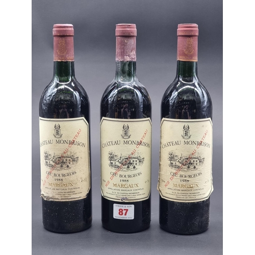 87 - Three 75cl bottles of Chateau Monbrison, 1988, Margaux. (3)