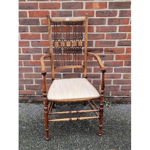 1087 - An Arts & Crafts style mahogany and inlaid open arm elbow chair.