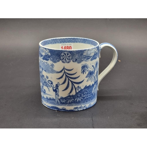 1480 - A 19th century English blue and white pottery tankard, printed with a stylised landscape, 12.5cm hig... 