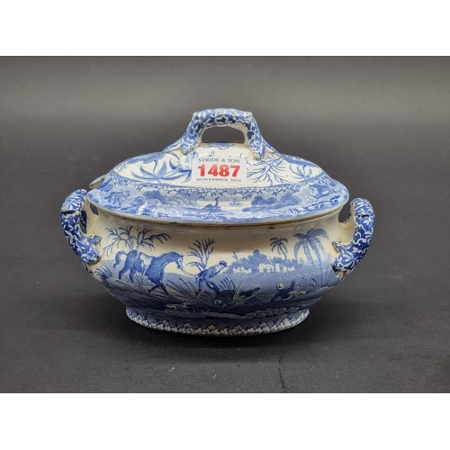 1487 - A 19th century Spode 'Dead Hog' pattern sauce tureen and cover, from the 'Indian Sporting' seri... 