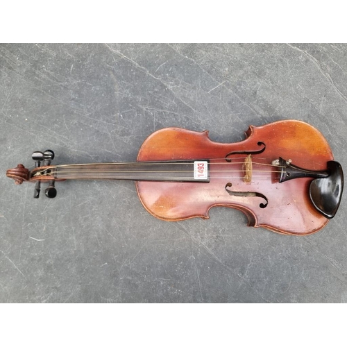 1493 - An old violin, labelled 'Supplied by W Thompson, 33 Homefield Road, Wembley', with 14 1/4in two-piec... 