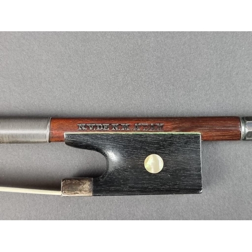 1499 - An interesting silver mounted violin bow, stamped 'N.V.DE N.M. A'DAM', total length 74.3cm, 57.5g.... 