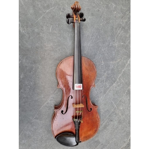 1492 - A 19th century violin, labelled 'Made by George Craske (Born 1797, Died 1888), and Sold by William E... 