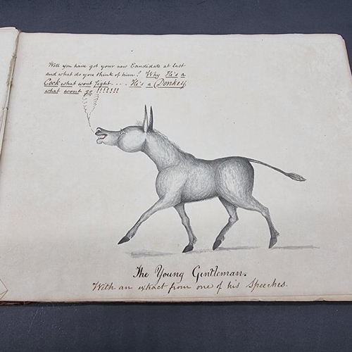 221 - CARICATURE ALBUM: 'Political Donkeys': album c.1840, 12pp with watercolours and a few other pen... 