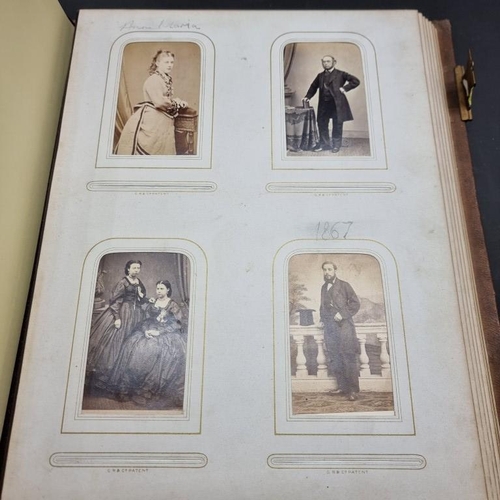 227 - CARTE DE VISITE: album of approx 225 CDV portraits, embossed brown morocco covers with metallic clos... 