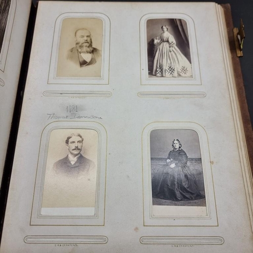 227 - CARTE DE VISITE: album of approx 225 CDV portraits, embossed brown morocco covers with metallic clos... 