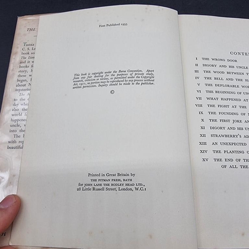 242 - LEWIS (C S): 'The Magician's Nephew..': London, Bodley Head, 1955. FIRST EDITION. Publishers gr... 