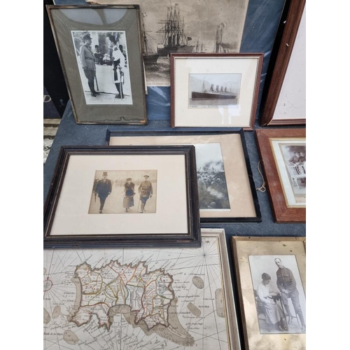 447 - PRINTS, PHOTOGRAPHS & MAPS: a group of 13 misc., various sizes, all framed and some glazed,... 