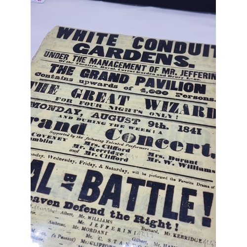 519 - WHITE CONDUIT GARDENS: letterpress broadside printed on yellow paper, 2pp, Monday August 9th 1841, i... 