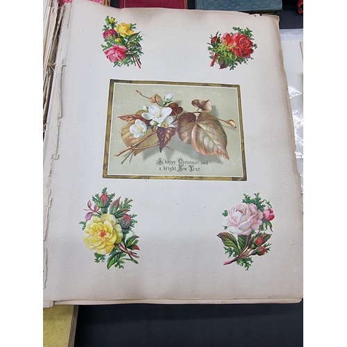 562 - SCRAP ALBUM: mid-19thc album, embossed burgundy card covers, spine gilt, rubbed and scuffed, 4t... 