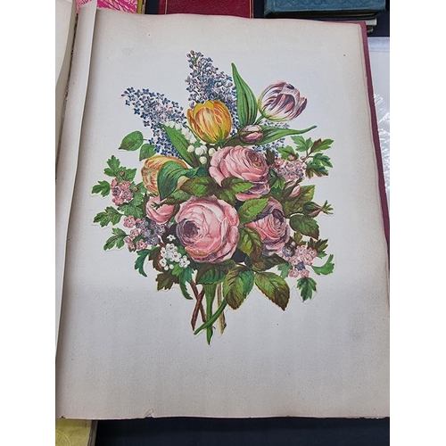 562 - SCRAP ALBUM: mid-19thc album, embossed burgundy card covers, spine gilt, rubbed and scuffed, 4t... 