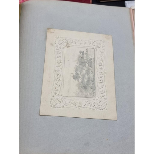 562 - SCRAP ALBUM: mid-19thc album, embossed burgundy card covers, spine gilt, rubbed and scuffed, 4t... 