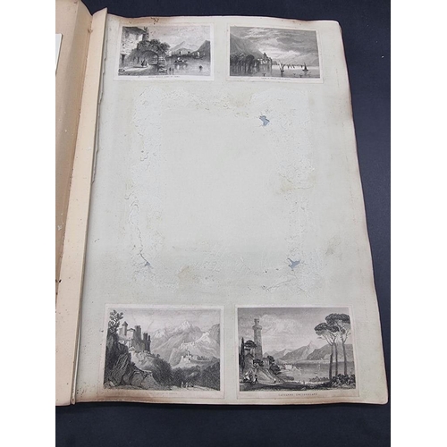 570 - SCRAP ALBUM: folio album, mid-19thc, morocco backed boards, spine chipped and worn, containing mixtu... 