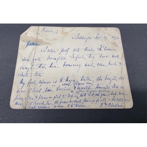 581 - R D BLACKMOOR: note on card to Sir J D Harding dated Teddington, Nov.27 1894, in blue ink, 'I r... 