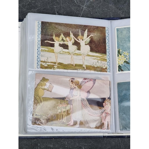 615 - POSTCARDS: collection of 55 in modern album, broad variety including 2 woven silk cards (HMT De... 