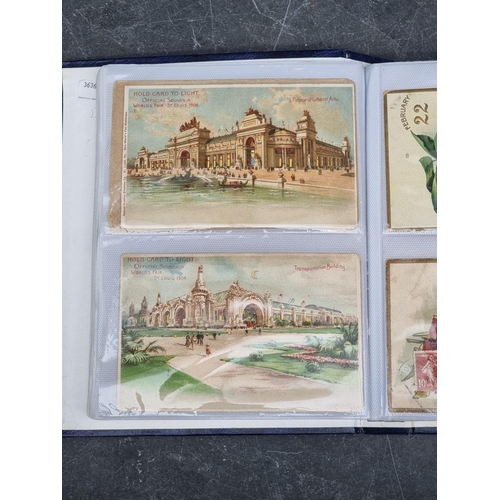 615 - POSTCARDS: collection of 55 in modern album, broad variety including 2 woven silk cards (HMT De... 