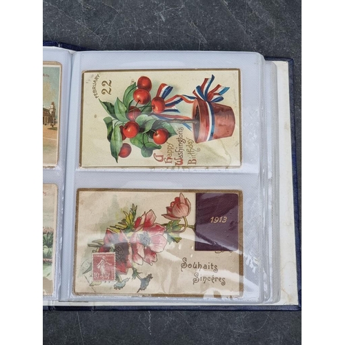 615 - POSTCARDS: collection of 55 in modern album, broad variety including 2 woven silk cards (HMT De... 