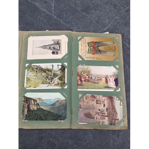 622 - POSTCARD ALBUM: vintage album of approx 120 postcards, mixed topography and greetings, some interest... 