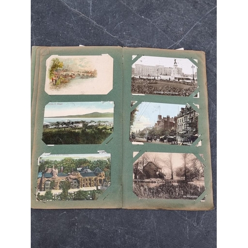 622 - POSTCARD ALBUM: vintage album of approx 120 postcards, mixed topography and greetings, some interest... 