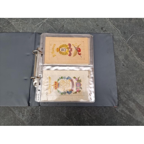 628 - MILITARY: small album containing 14 World War I period embroidered silk types, including 2nd Qu... 