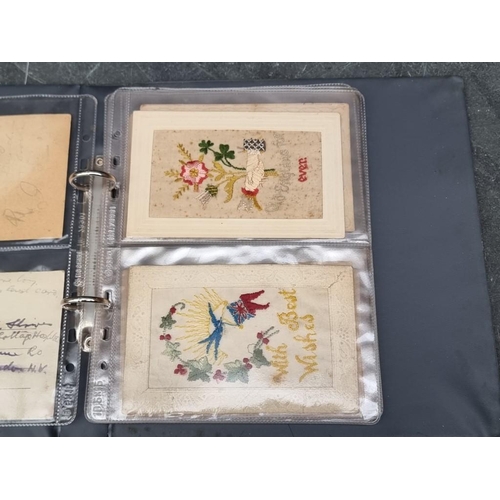 628 - MILITARY: small album containing 14 World War I period embroidered silk types, including 2nd Qu... 