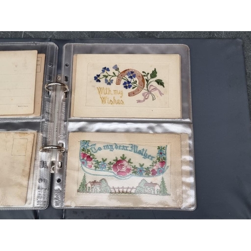 628 - MILITARY: small album containing 14 World War I period embroidered silk types, including 2nd Qu... 