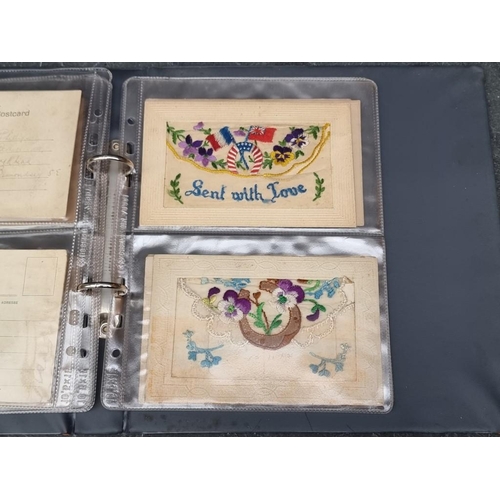 628 - MILITARY: small album containing 14 World War I period embroidered silk types, including 2nd Qu... 