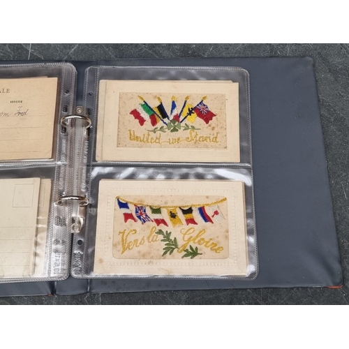 628 - MILITARY: small album containing 14 World War I period embroidered silk types, including 2nd Qu... 