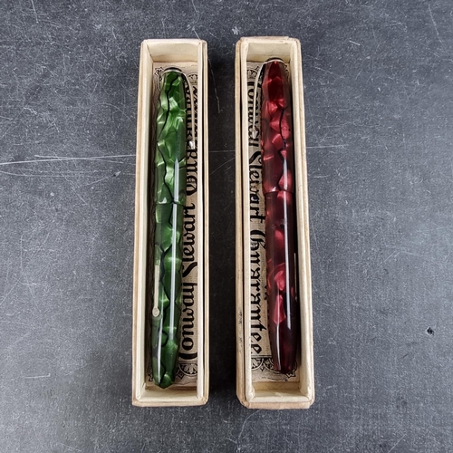 13 - Two circa 1952-63 Conway Stewart 15 marbled fountain pens, comprising plum and green examples, 12.7c... 