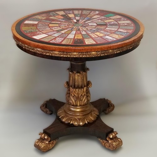 1650 - A good George IV specimen marble, amboyna, rosewood and carved giltwood circular occasional table, p... 