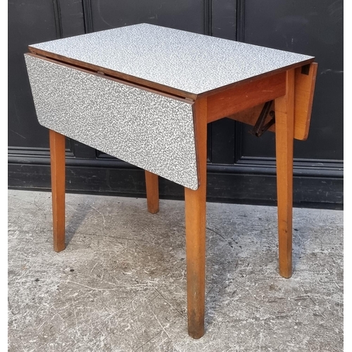 1021 - A mid-century melamine top drawer-leaf table, 135cm extended; together with another similar drop lea... 