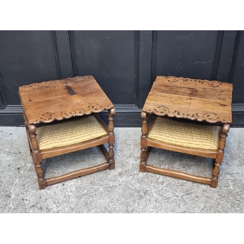 1037 - A pair of unusual oak monk's bench style chairs, 52.5cm wide.